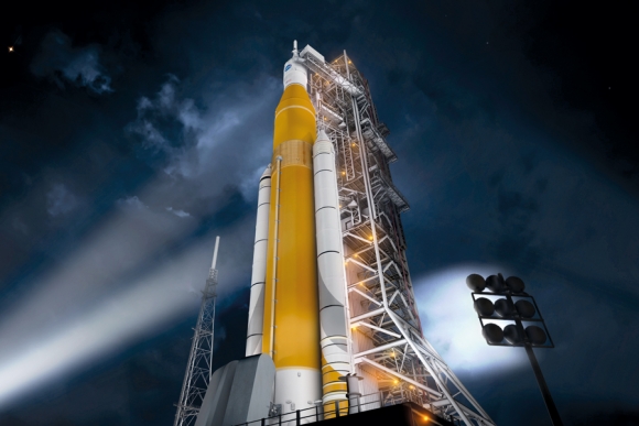 фото: Перспективная ракета-носитель SLS (в варианте Block 1), создание которой вместо закрытой программы  Constellation в 2011 г. пролоббировал Сенат США (рисунок). Картинка: NASA